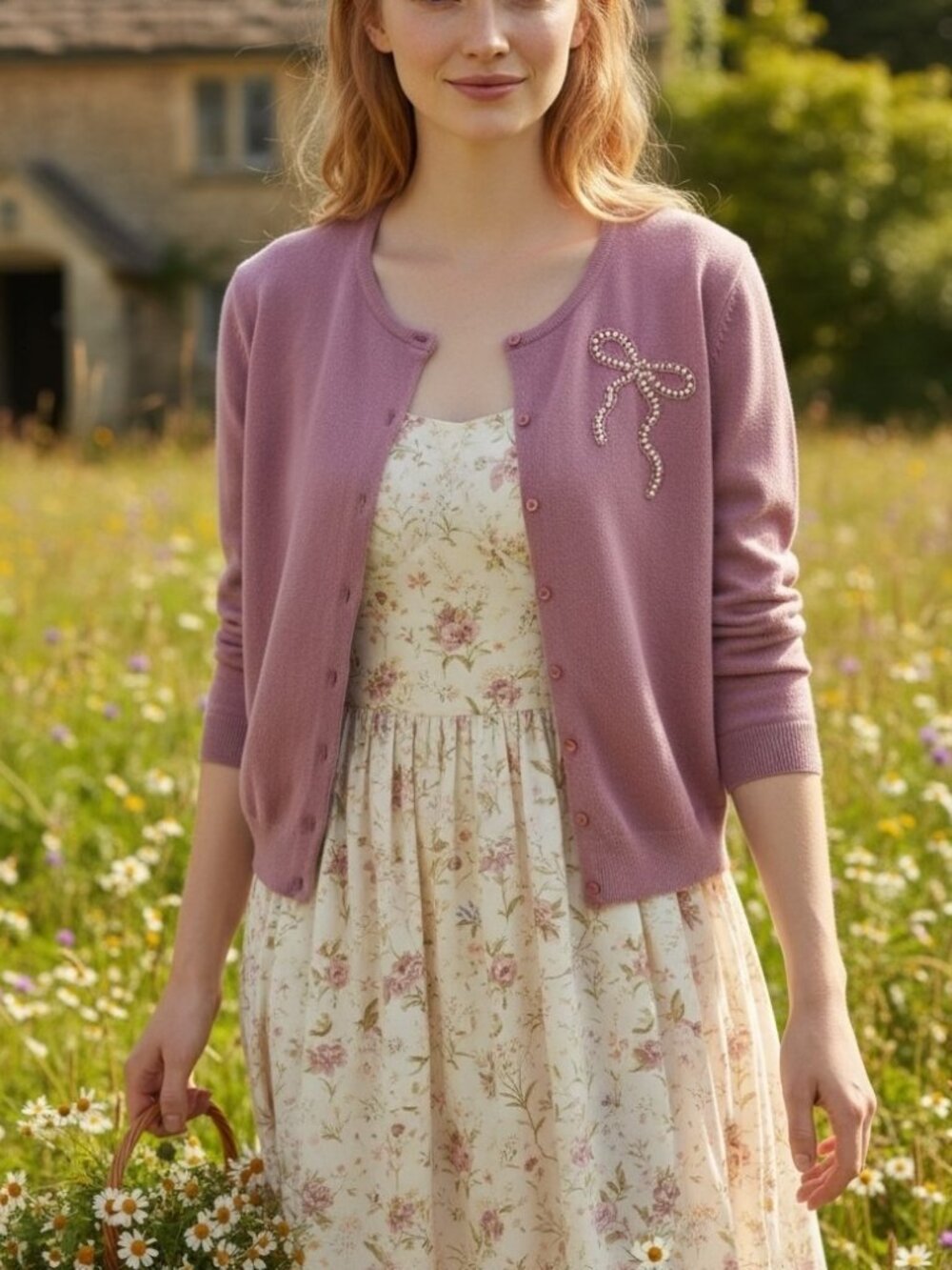 Vintage Christopher & Banks Mauve Pink Pearl Bow Cardigan Sweater XL Cottage
